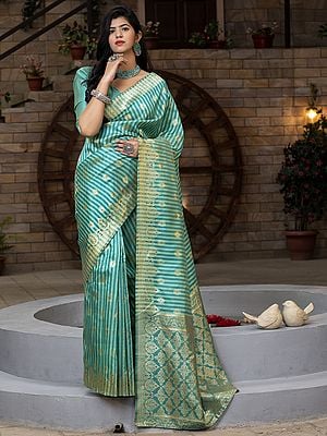Banarasi Silk Zari Woven Chakra-Stripe Pattern Saree with Matching Blouse