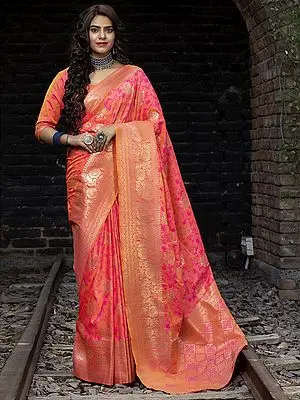 Banarasi Silk Phool Motif Zari Weave Saree with Floral Vine Pattern Pallu
