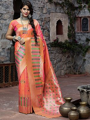 Banarasi Silk Floral Butta Saree with All-Over Zari Work and Leaf in Diamond Pattern Pallu
