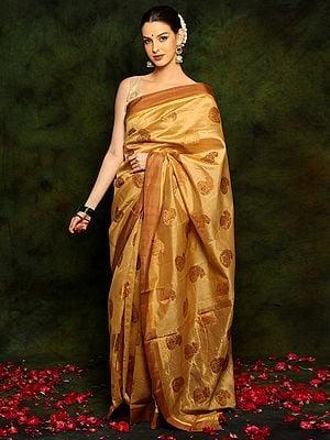 Art Silk Saree with Golden Stripes and Traditional Paisley Motifs All Over