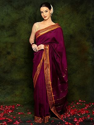 Purple Silk Blend Saree with Golden Stripes and Border