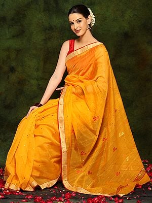 Mustard Yellow Handloom Chanderi Silk Cotton Saree with Red Border and golden Motifs