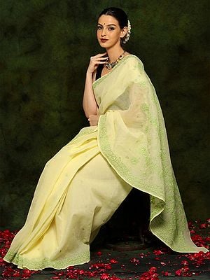 Lucknowi Chikankari Lemon Yellow Cotton Saree with Light Green Embroidery