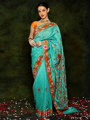 Turqoise Silk Blend Saree with Multicolored Aari Embroidery All over