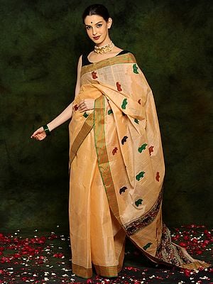 Beige Cotton Bengali Ikat Taant Saree with Traditional Motifs and Border