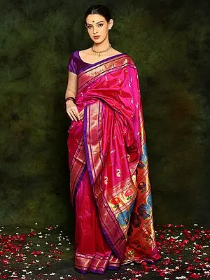 Magenta Pink Pure Silk Paithani Saree with Traditional Peacock Motifs
