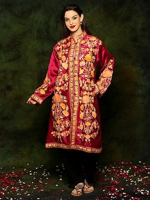 Rose Red Silk Long Jacket with Detailed Floral and Paisley Multicolored Aari Embroidery From Kashmir