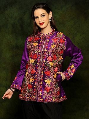 Violet Silk Short Jacket with Detailed Floral and  Multicolored Aari Embroidery From Kashmir