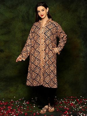 Black Woolen Long Jacket with Detailed Floral and Paisley Golden Aari Embroidery From Kashmir