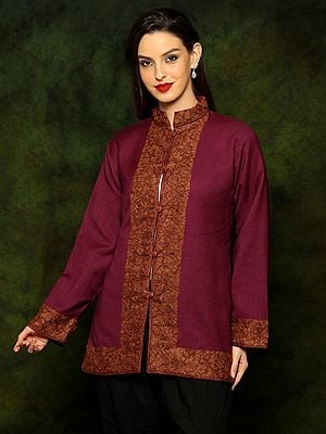 Burgundy Woolen Short Jacket with Detailed Floral Aari Embroidery From Kashmir