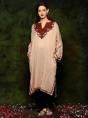 Khaki Woolen Long Phiran with Detailed Floral Detailed Aari Embroidery From Kashmir