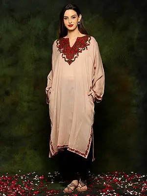 Khaki Woolen Long Phiran with Detailed Floral Detailed Aari Embroidery From Kashmir