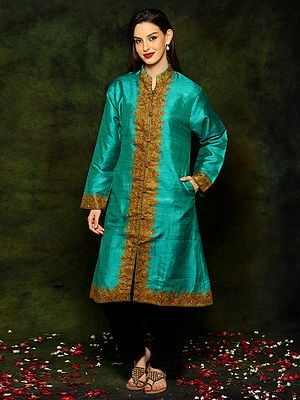 Turqoise Silk Long Jacket with Detailed Floral and Paisley Red Aari Embroidery From Kashmir