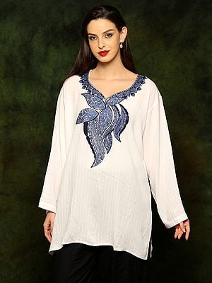 White Rayon Kurti with Detailed Blue Embroidery on Neck From Kashmir