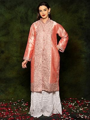 Baby Pink Silk Long Jacket with Detailed Floral and Paisley Aari Embroidery From Kashmir