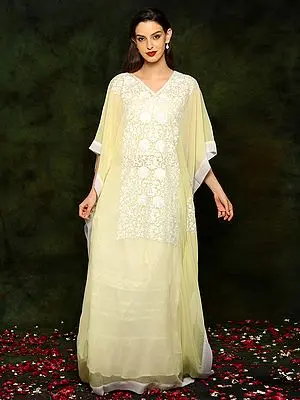 Lemon Yellow Pure Chiffon Kaftan with White Aari Threadwork Embroidery From Kashmir