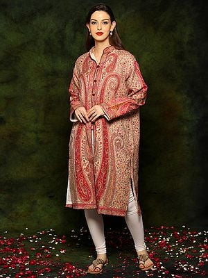 Multicolored Woven Long Jacket with Detailed Floral and Paisley Design All Over From Kashmir