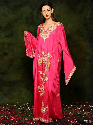 Silk Satin Rani Pink Gown with Detailed Floral Detailed Aari Embroidery and Bell Sleeves From Kashmir