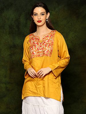 Mustard Yellow Rayon Kurti with Detailed Floral Embroidery on Neck From Kashmir