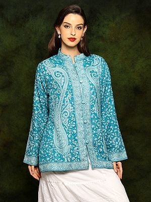Aqua Blue Woolen Short Jacket with Detailed Floral Aari Embroidery From Kashmir