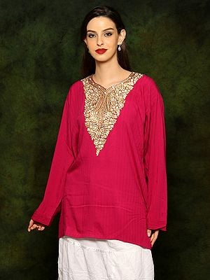 Magenta Rayon Kurti with Detailed Floral Embroidery on Neck from Kashmir