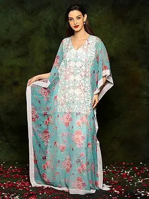Ocean Blue Pure Chiffon Kaftan with Floral Print and White Aari Threadwork Embroidery from Kashmir