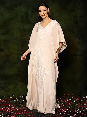 Peach Satin Silk Kaftan with White Aari Threadwork Embroidery From Kashmir