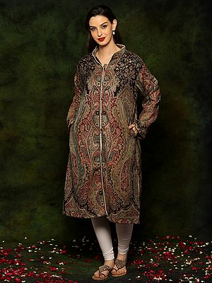 Black Woven Long Jacket with  Multicolored Detailed Floral and Paisley Design All Over From Kashmir