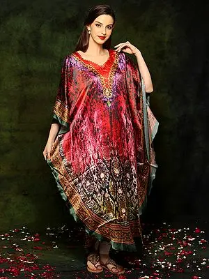 Multicolored Satin Kaftan with Mediterranian Print and Studded Stones