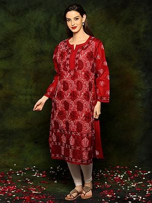 Maroon Cotton Kurta with Lucknow Chikan Embroidery all over