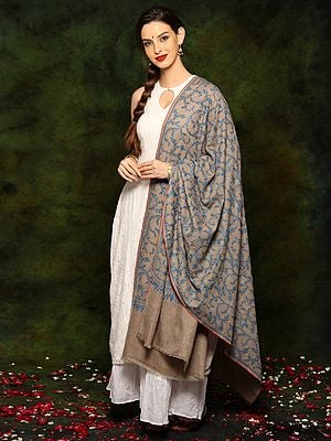 Pure Pashmina Sozni Embroidery Natural Color Shawl from Kashmir