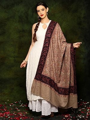 Pure Pashmina Sozni Embroidery Natural Color Shawl with Borders from Kashmir