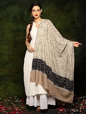 Pure Pashmina Sozni All over Embroidery Natural Color Palledar Shawl from Kashmir