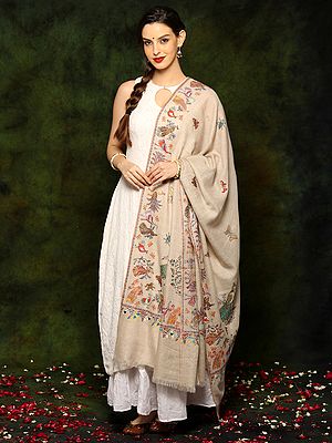 Pure Pashmina Sozni Embroidery Natural Color Border Shawl with Fine Peacock Motifs from Kashmir