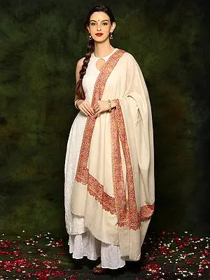 Pure Pashmina Sozni Detailed Embroidery Off White Border Shawl from Kashmir