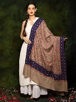 Pure Pashmina Natural Color Sozni All Over Fine Paisley Embroidery and Border Shawl from Kashmir