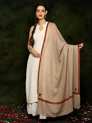 Pure Pashmina Natural Color Sozni Border Shawl from Kashmir