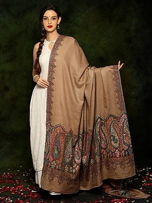 Pure Pashmina Sozni Embroidery Natural Color Palledar Shawl from Kashmir