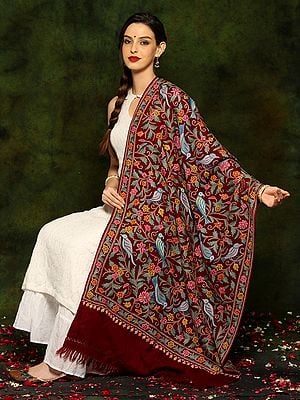 Wine Colored Fine Woolen Kashmiri Shawl with Heavily Detailed Traditional Bird and Floral Aari Embroidery
