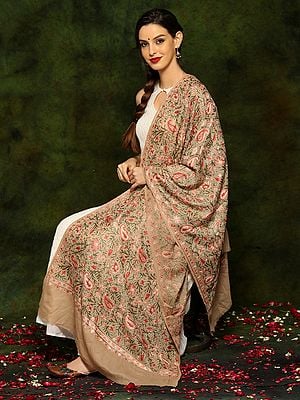 Light Brown Fine Woolen Shawl with Aari Embroidery All Over