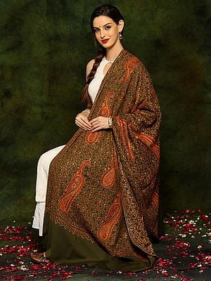 Olive Green Pure Woolen Shawl with Detailed Paisley and Floral Threadwork All Over