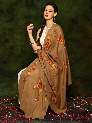 Khaki Pure Woolen Shawl with Detailed Floral Aari Bel Embroidery