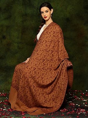 Monochromatic Coffee Brown Pure Woolen Shawl with Detailed Floral Aari Embroidery All Over