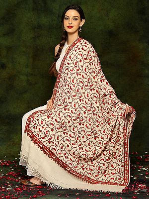 Off White Pure Woolen Shawl with Detailed Floral Aari Embroidery All Over