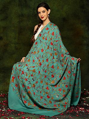 Sea Green Pure Woolen Shawl with Detailed Floral Aari Embroidery All Over