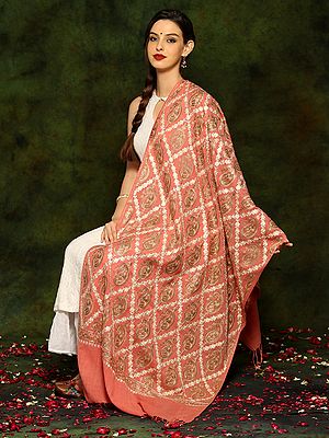 Peach Fine Woolen Shawl with Paisley Aari Embroidery Motif All Over