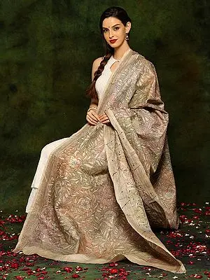 Beige Pen Kalamkari Pure Silk Dupatta with Floral Multicolored Embroidery
