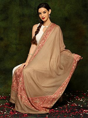 Light Brown Pure Fine Woolen Shawl with Detailed Floral Aari Butta Embroidery Border