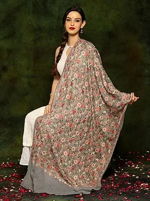 Grey Pure Fine Woolen Shawl with Detailed Floral Aari Butta Embroidery Border