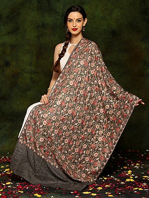 Charcoal Grey Pure Woolen Shawl with Detailed Floral Aari Embroidery All Over